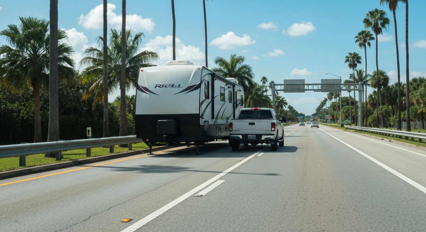 Travel trailer being towed and set up at a palm-lined campsite in West Palm Beach, Florida