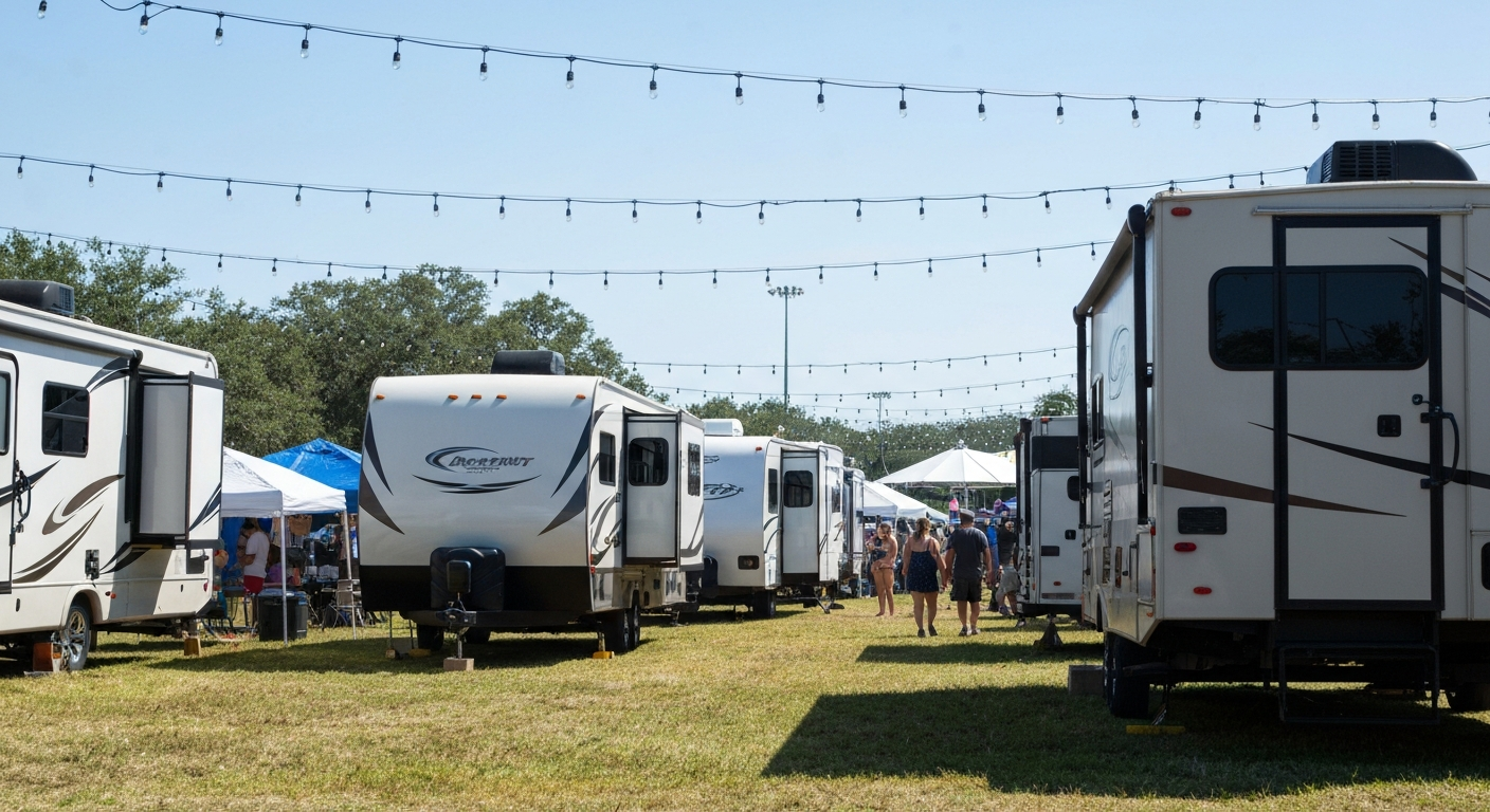 Several RVs and travel trailers parked at a sunny South Florida festival ground with tents and string lights