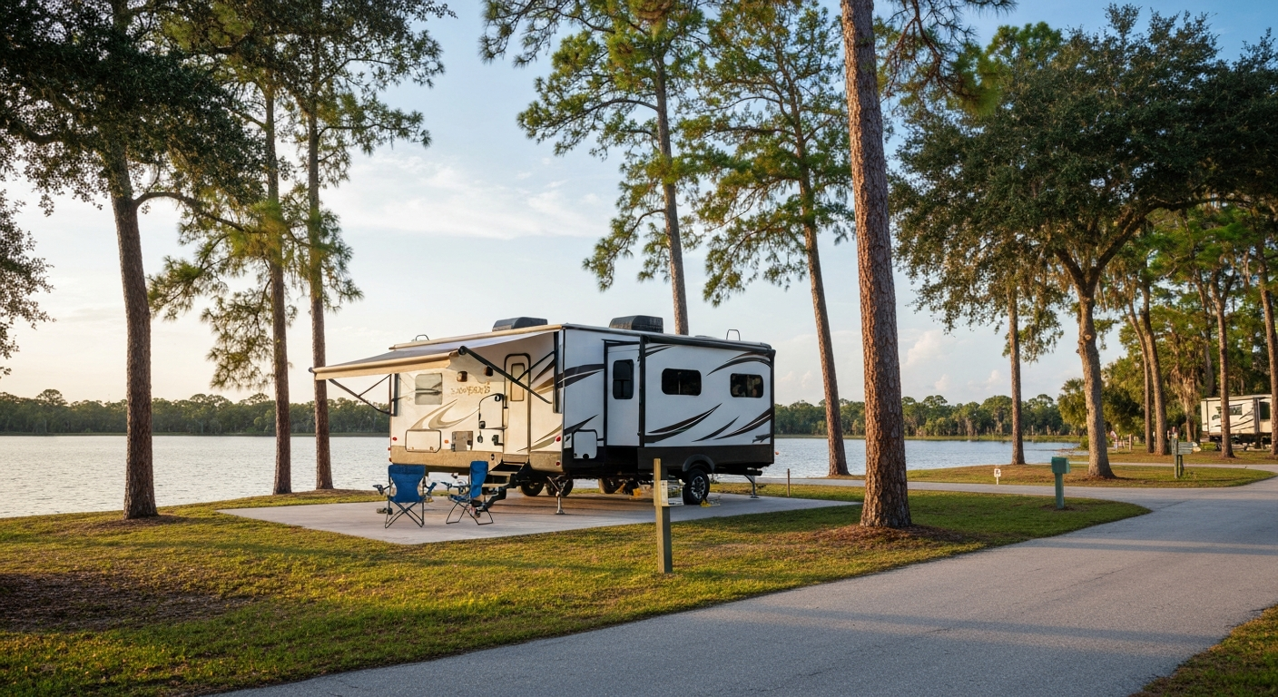 Travel trailer RV set up at a lakeside campsite near John Prince Park in Lake Worth, Florida