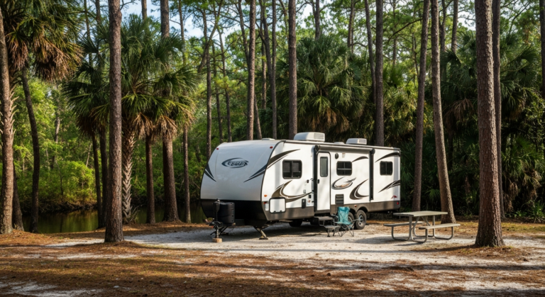 Travel-trailer RV set up at a shaded pine-flatwoods campsite at Jonathan Dickinson State Park near the Loxahatchee River