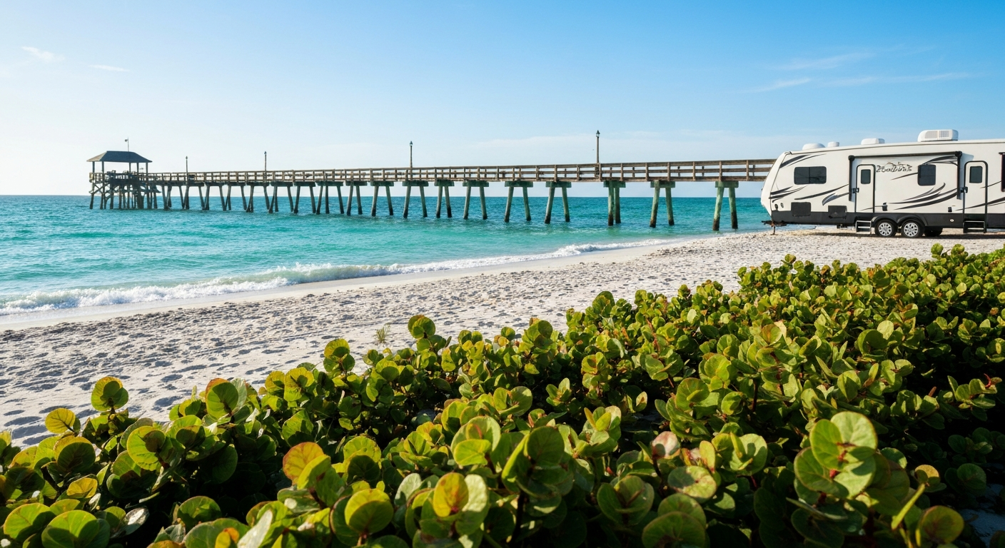 Sunny Juno Beach with a fishing pier and sea grapes near a coastal RV campground in Palm Beach County, Florida