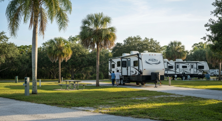 Family travel-trailer RV parked at a sunny Florida KOA campground near Lion Country Safari in Loxahatchee