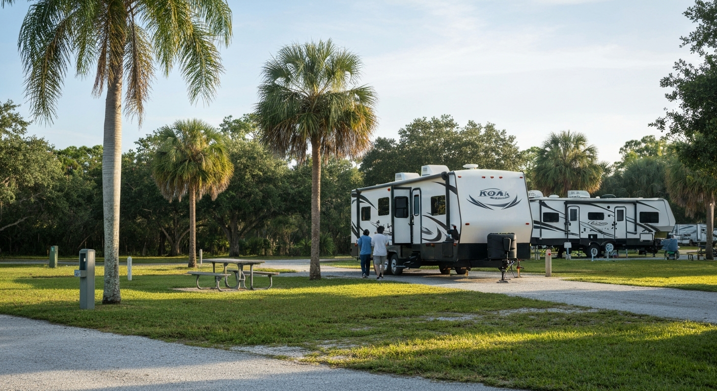 Family travel-trailer RV parked at a sunny Florida KOA campground near Lion Country Safari in Loxahatchee