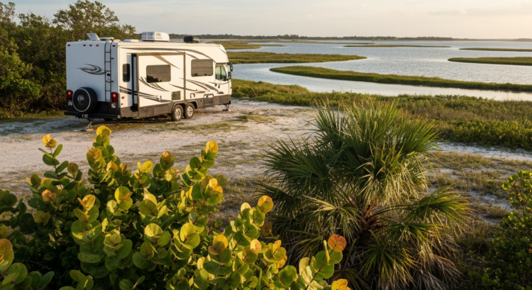 Travel-trailer RV parked near a natural South Florida barrier-island beach with sea grapes and palms