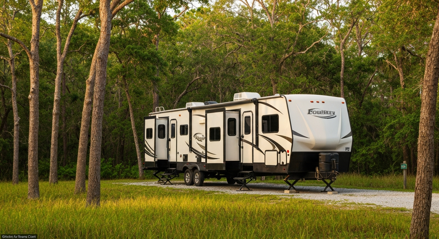 A travel-trailer RV parked at a wooded campground site on the green Everglades edge near Markham Park in Sunrise, Florida