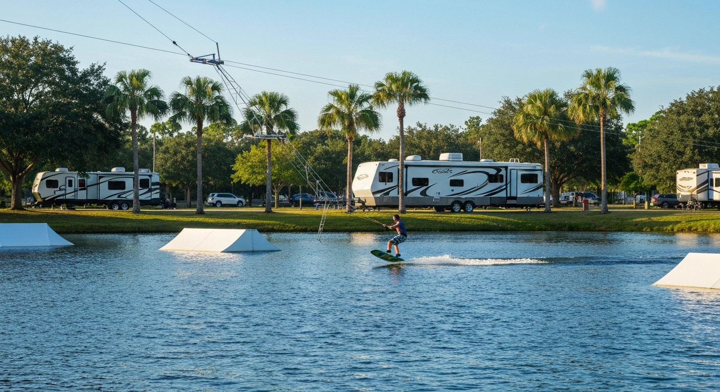 Cable wakeboarding lake at Quiet Waters Park with a travel-trailer RV parked at a nearby South Florida campground