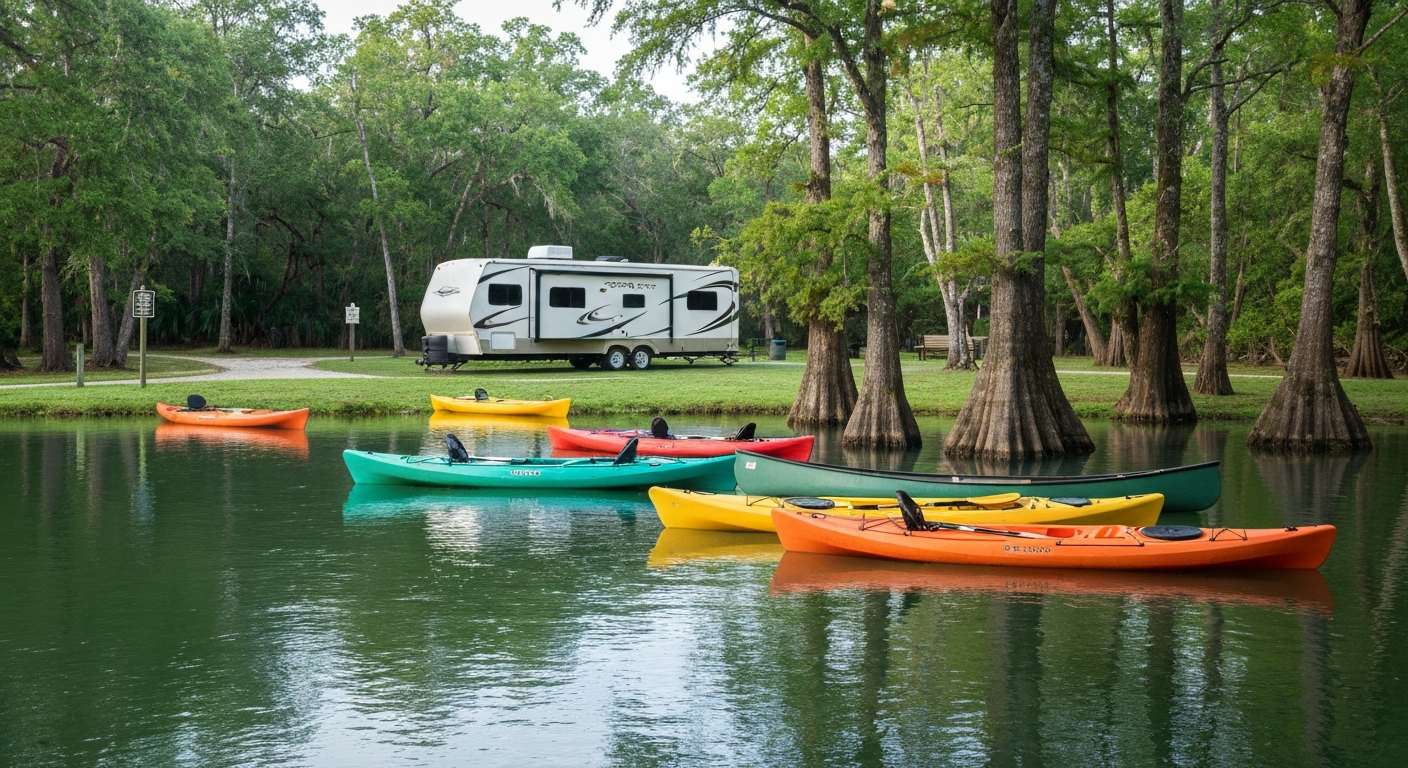 Kayaks on the cypress-lined Loxahatchee River at Riverbend Park with a travel-trailer RV parked at a nearby Jupiter trailhead